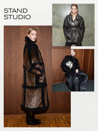 One of the best scandinavian clothing brands, stand studio, is shown in a collage of images with models wearing winter clothing from the brand