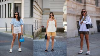 a composite of street style influencers wearing holiday outfit ideas sightseeing
