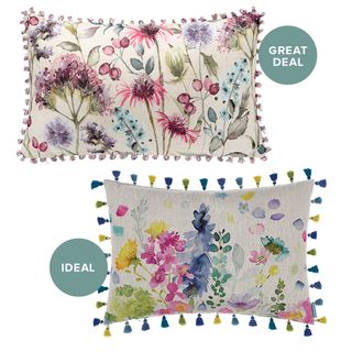 winter cushion wiith floral print and tactile tassel trims