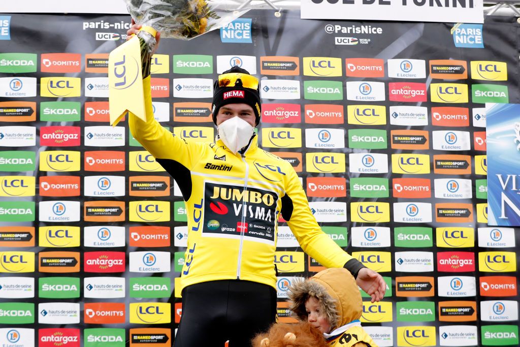 COL DE TURINI FRANCE MARCH 12 Primoz Roglic of Slovenia and Team Jumbo Visma Yellow Leader Jersey and his son Levom Roglic celebrate at podium after the 80th Paris Nice 2022 Stage 7 a 1555km stage from Nice to Col de Turini 1605m ParisNice WorldTour on March 12 2022 in Col de Turini France Photo by Bas CzerwinskiGetty Images