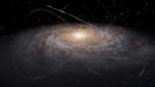 a big ole galaxy with a handful of thin light streams jetting in various directions