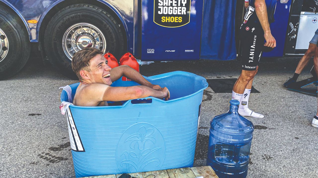 Belgian Remco Evenepoel of Quick-Step Alpha Vinyl takes an ice-bath after the fourth stage of the 2022 edition of the &#039;Vuelta a Espana&#039;, 