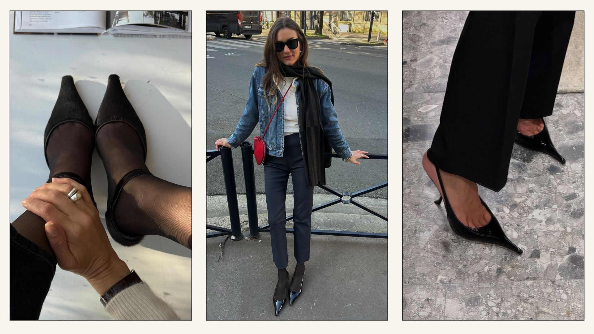 Collage of influencer wearing extreme pointed-toe shoes with tights and trousers.