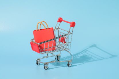 picture of red shopping car with red shopping bag in it against light blue background