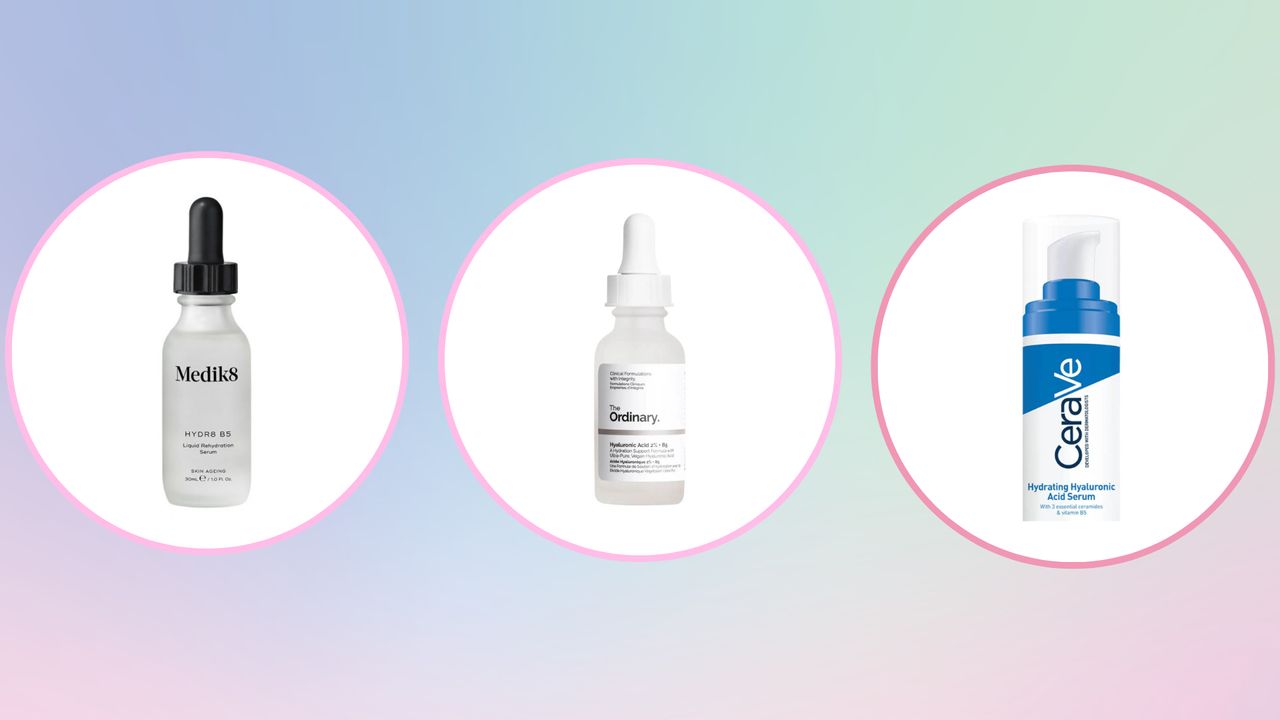 Collage of three of the best hyaluronic acid serums featured in this guide from Medik8, The Ordinary, CeraVe