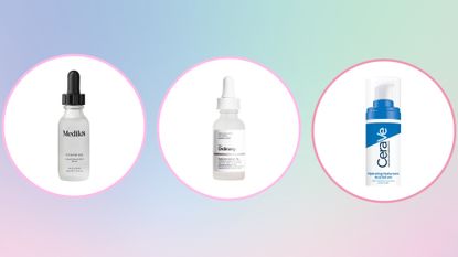Collage of three of the best hyaluronic acid serums featured in this guide from Medik8, The Ordinary, CeraVe