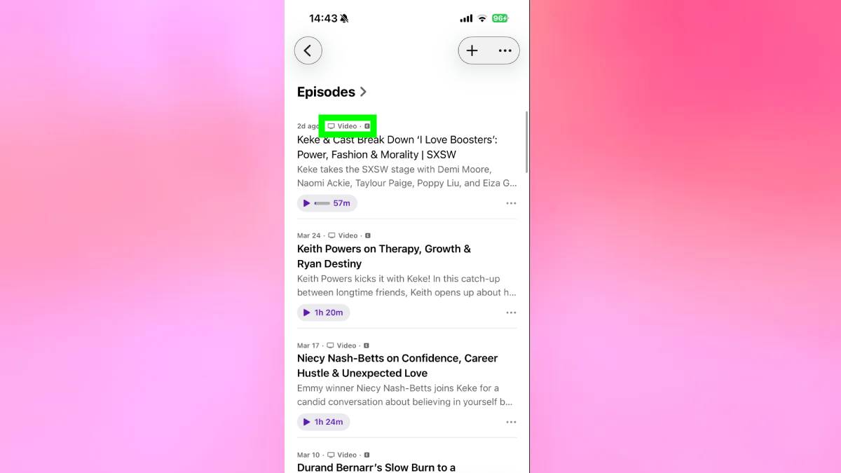 Video highlighted above title card in Apple Podcasts on iPhone