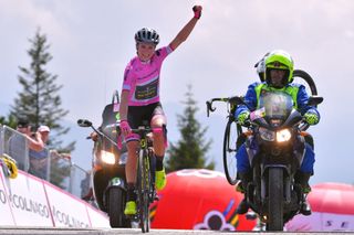 MONTE ZONCOLAN, ITALY - JULY 14: Arrival / Annemiek van Vleuten of The Netherlands and Team Mitchelton-Scott Pink leader jersey / Celebration / during the 29th Tour of Italy 2018 - Women, Stage 9 a 104,7km stage from Tricesimo to Monte Zoncolan 1730m / Giro Rosa / on July 14, 2018 in Monte Zoncolan, Italy. (Photo by Luc Claessen/Getty Images)