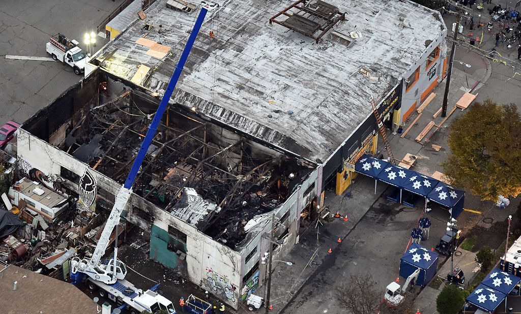 Aerial shot of warehouse fire.