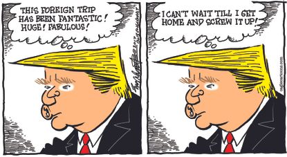 Political cartoon U.S. Trump abroad return home