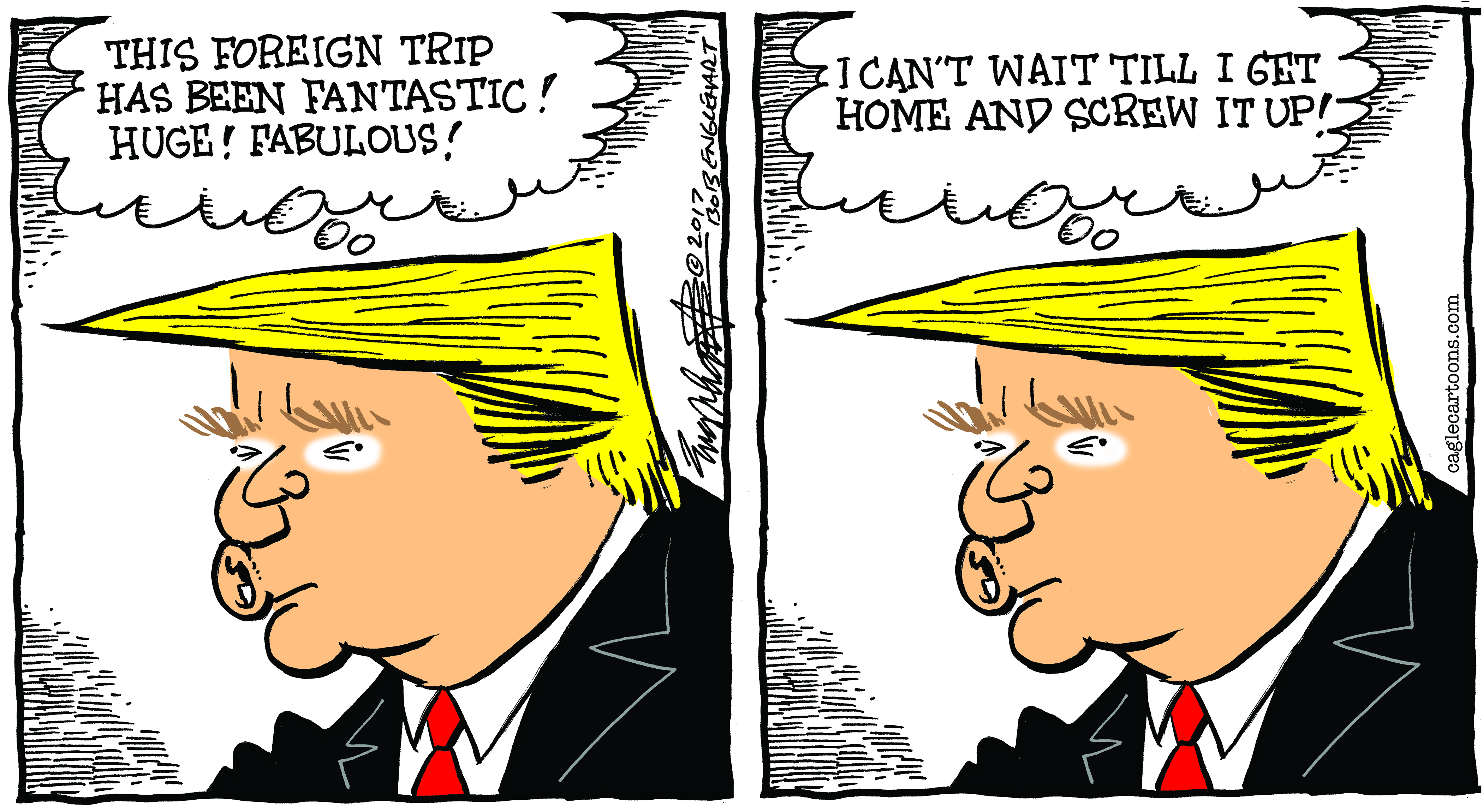 Political cartoon U.S. Trump abroad return home
