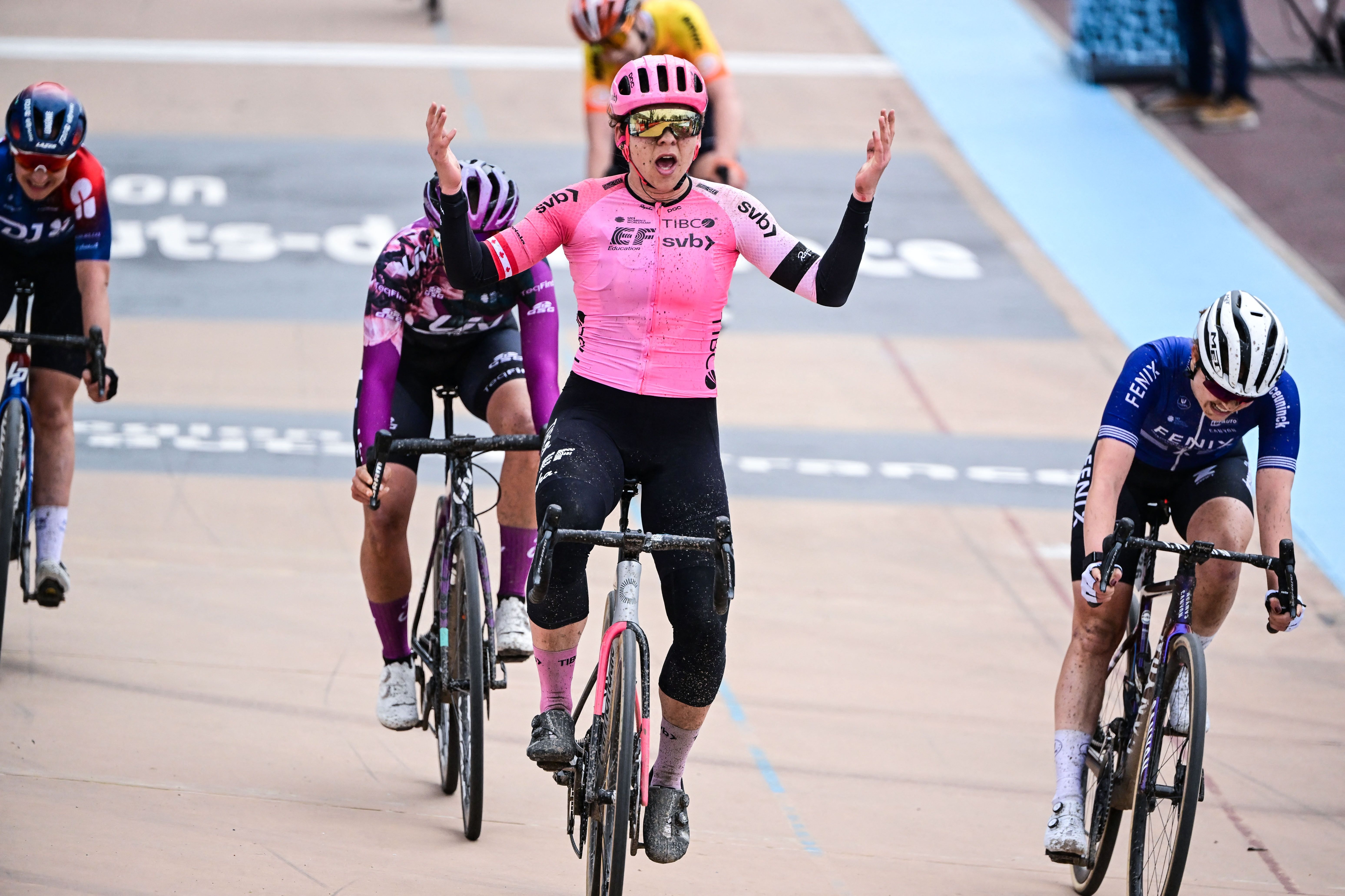 Canadian Alison Jackson of EF Education-TIBCO-SVB wins the third edition of the women elite race of the 'Paris-Roubaix' cycling event, 145,4 km from Denain to Roubaix, France on Saturday 08 April 2023. BELGA PHOTO DIRK WAEM (Photo by DIRK WAEM / BELGA MAG / Belga via AFP) (Photo by DIRK WAEM/BELGA MAG/AFP via Getty Images)