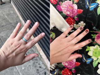 A set of photos showcasing Sophia Vilensky's BIAB nails manicure before and after.