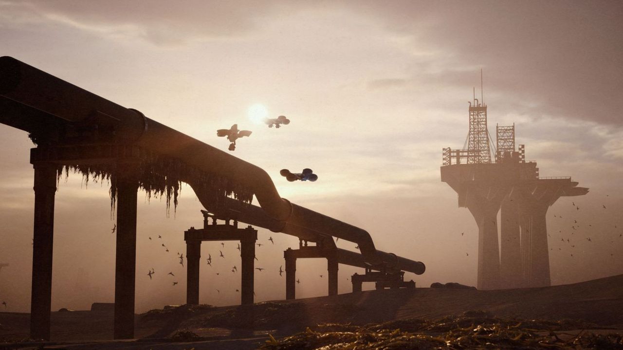 Arc Raiders Riven Tides: A scenic image of the Riven Tides map, showing flying robots next to large pipes.
