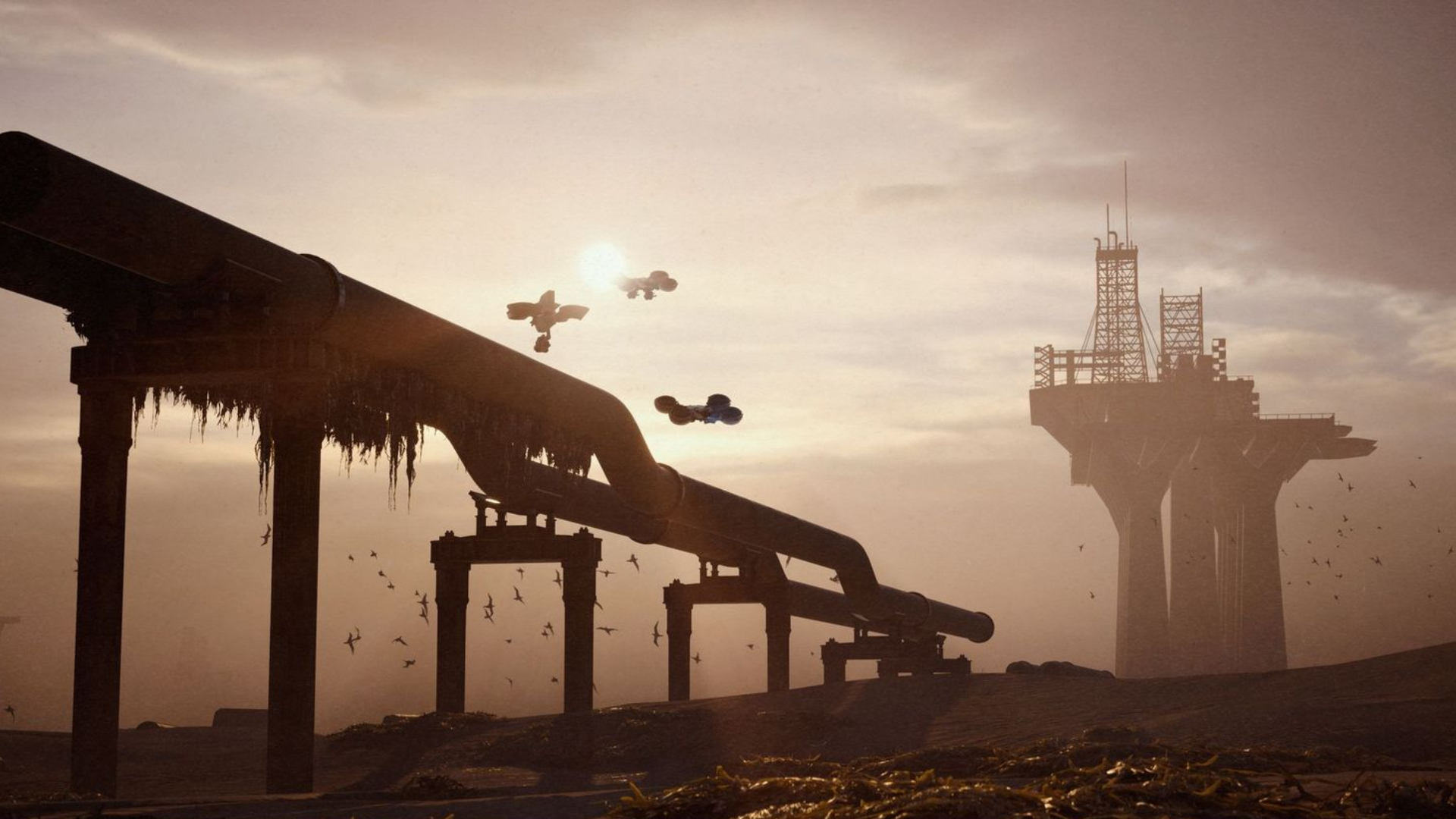 Arc Raiders Riven Tides: A scenic image of the Riven Tides map, showing flying robots next to large pipes.