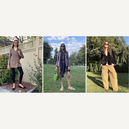 Three Style at Large outfits featuring a plaid blazer with black pants, a striped layered look with a green tote, and a black velvet blazer with wide-leg cargo pants.
