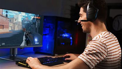 MSI MAG 272QP X50 monitor with a happy gamer playing a shooter