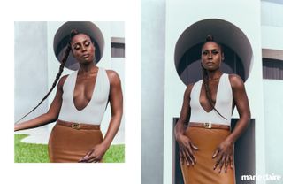 Issa Rae in Saint Laurent by Anthony Vaccarello swimsuit and skirt. 