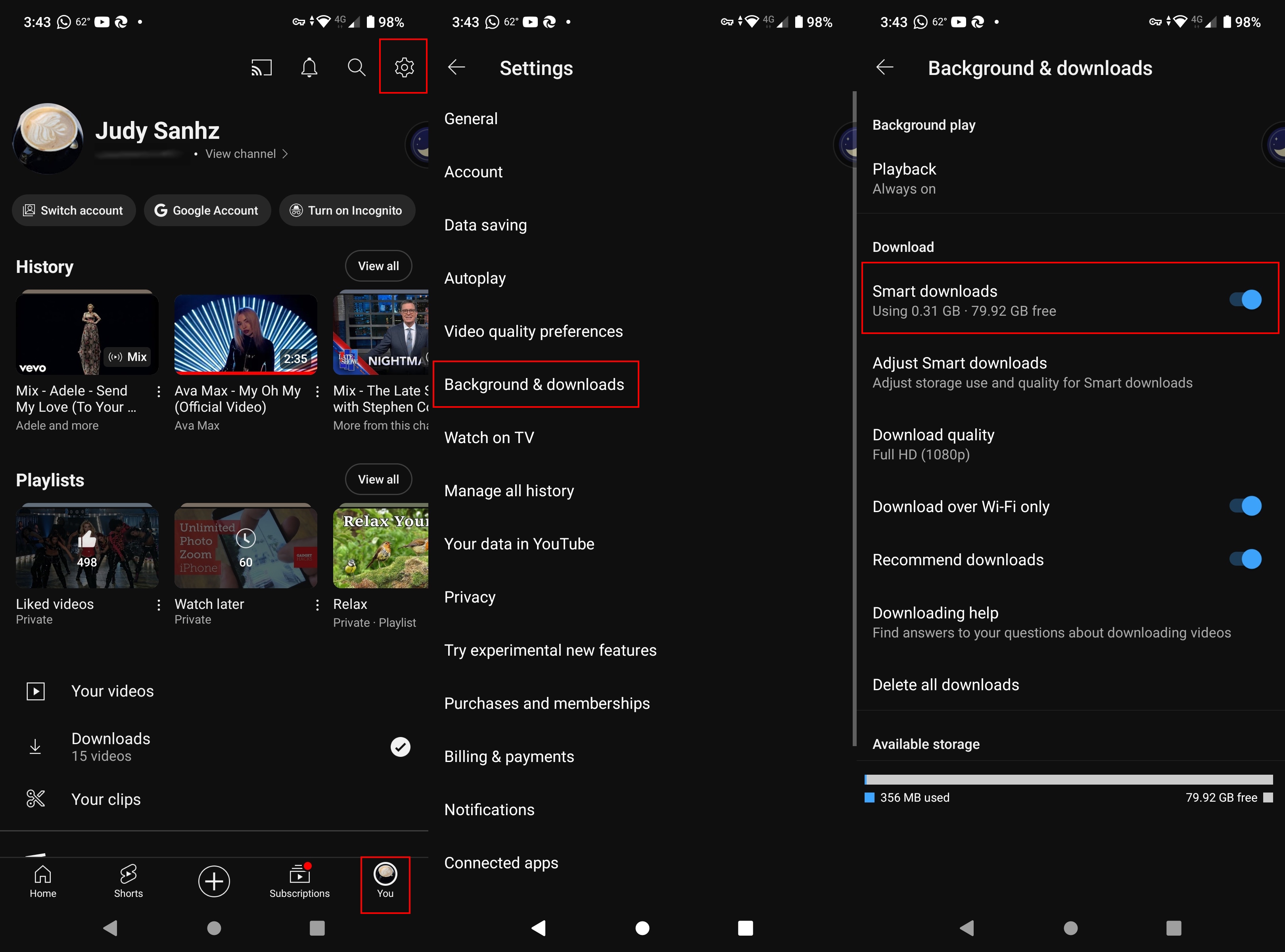 Steps to turn on or off Smart Downloads on YouTube