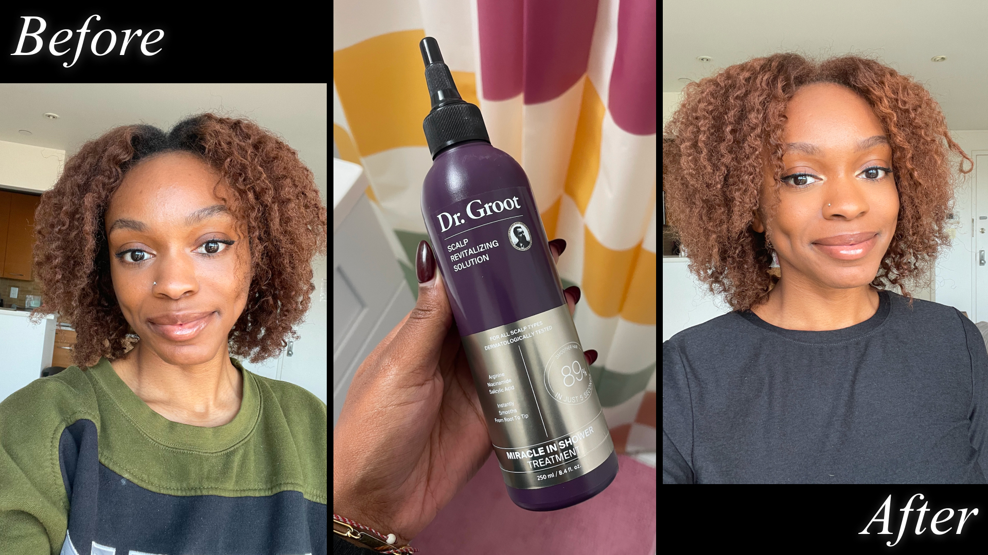 a person before and after testing the dr. groot in shower treatment