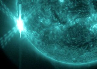 A major X2.2-class solar flare erupts on the sun on June 10, 2014 in this view from NASA's space-based Solar Dynamics Observatory.