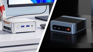 The Bosgame E5 11 Pro and Kamrui Essenx mini PCs on desks in a split-screen set up