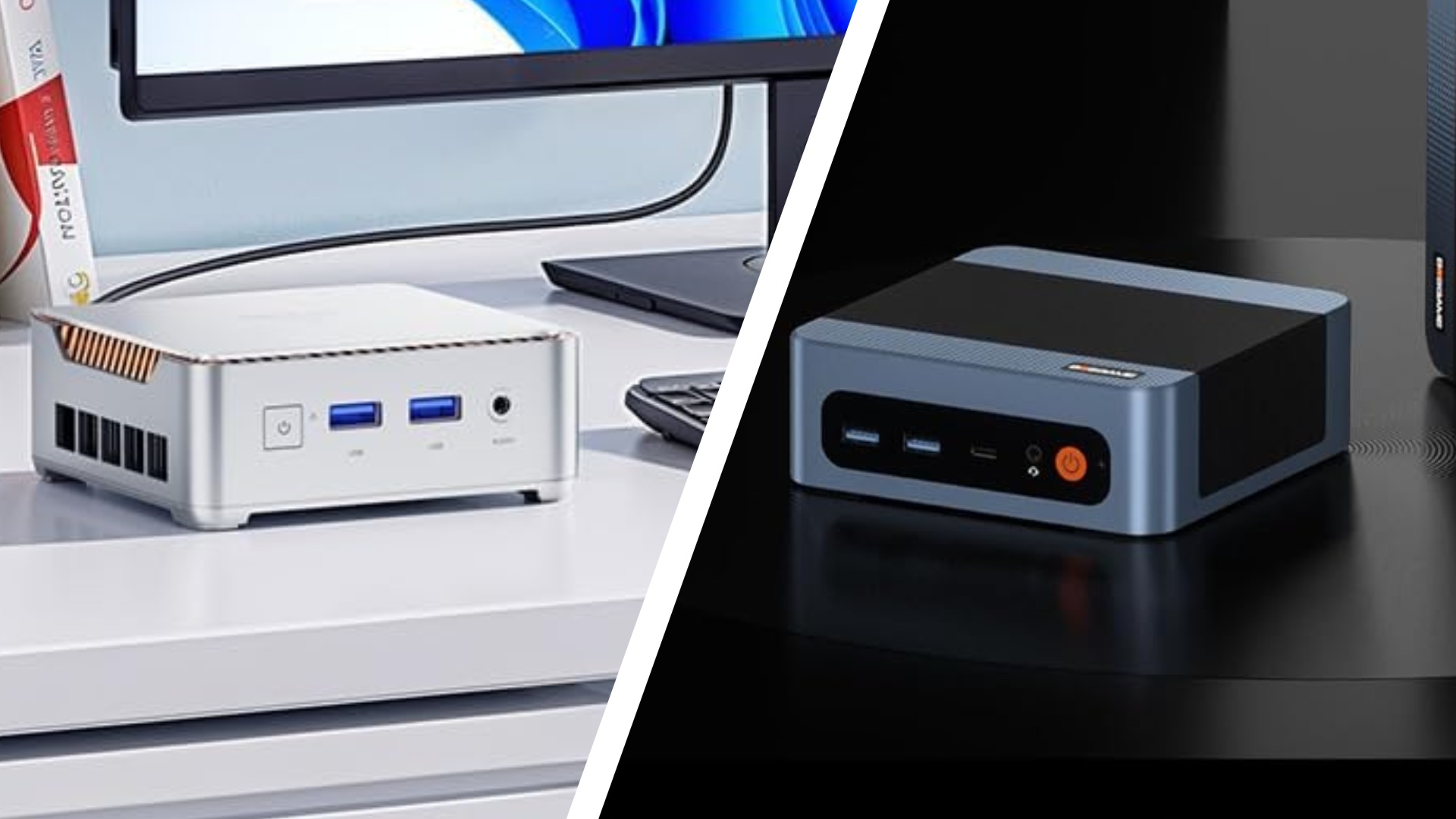 The Bosgame E5 11 Pro and Kamrui Essenx mini PCs on desks in a split-screen set up