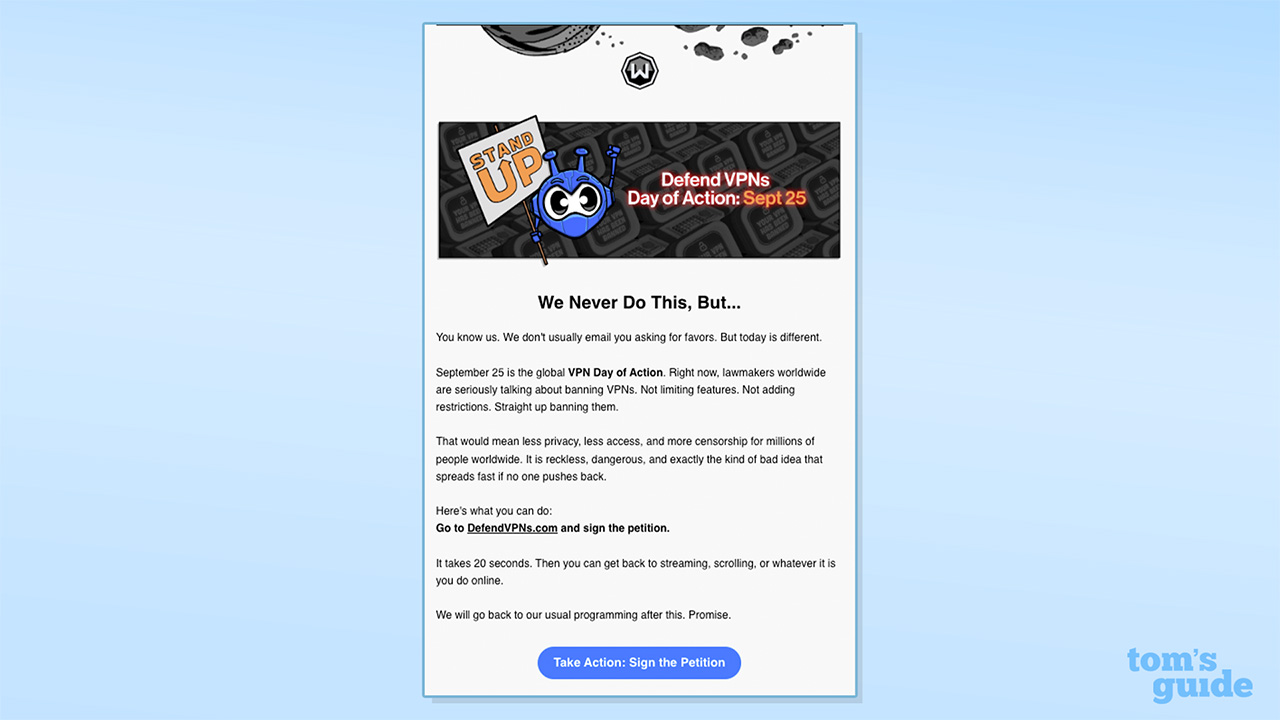 Screenshot of the email Windscribe is sending its users to gather support for the VPN Day of Action
