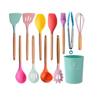A set of colorful kitchen utensils
