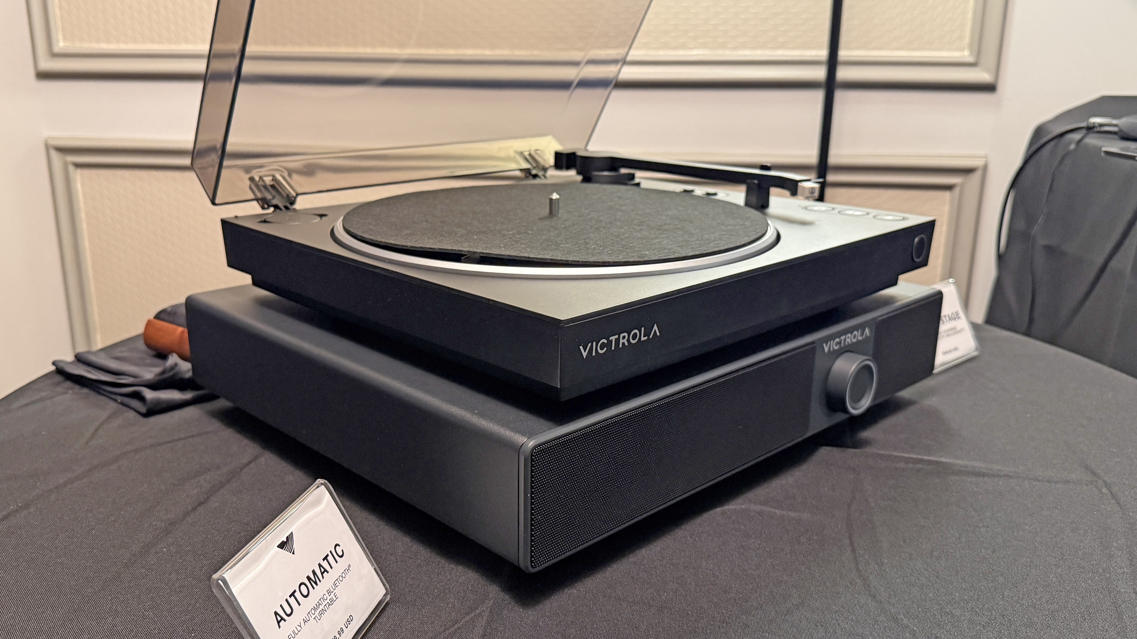 The Victrola Soundstage at CES 2026 with the Victrola Automatic turntable on top