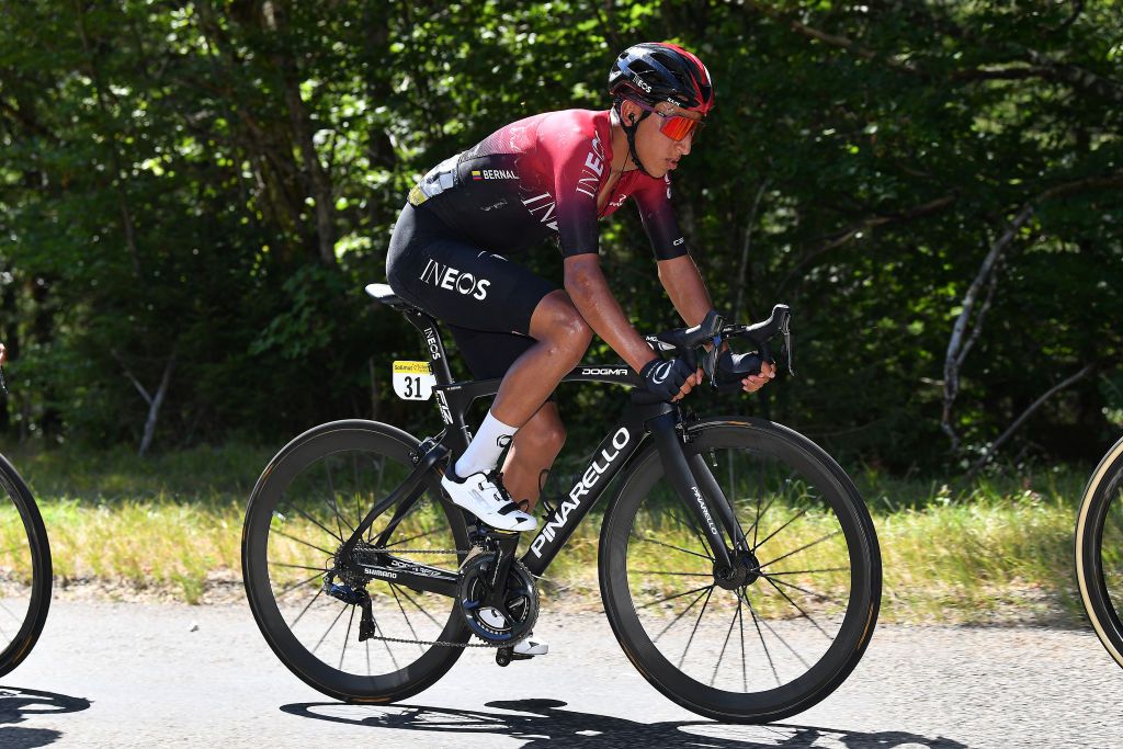 SAINTVULBAS FRANCE AUGUST 08 Egan Arley Bernal Gomez of Colombia and Team INEOS Breakaway during the 32nd Tour de LAin 2020 Stage 2 a 141km stage from Lagnieu to Llex MontsJura 896m tourdelain TOURDELAIN TDA on August 08 2020 in SaintVulbas France Photo by Justin SetterfieldGetty Images