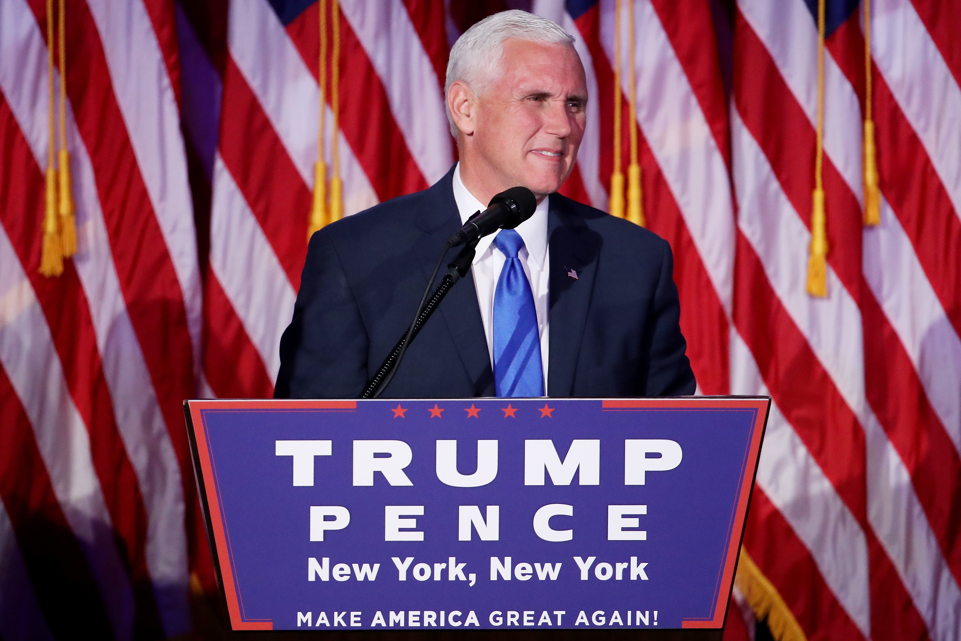 Vice president-elect Mike Pence speaks to supporters at Republican president-elect Donald Trump&#039;s election night event at the New York Hilton Midtown in the early morning hours of November 9, 2016 in New York City.