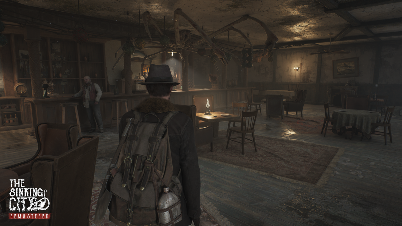 A dingy bar in The Sinking City Remastered.