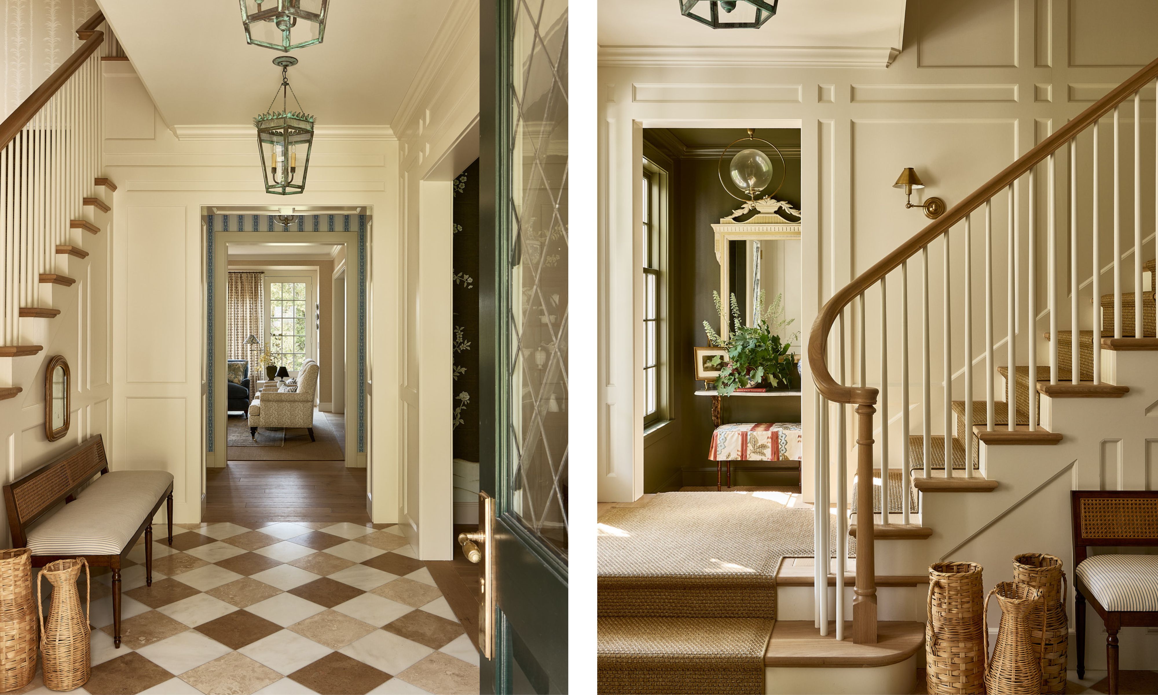 A traditional entryway with checkerboard tiled floors, a curved staircase, a beige stair runner, and panelled warm white walls.