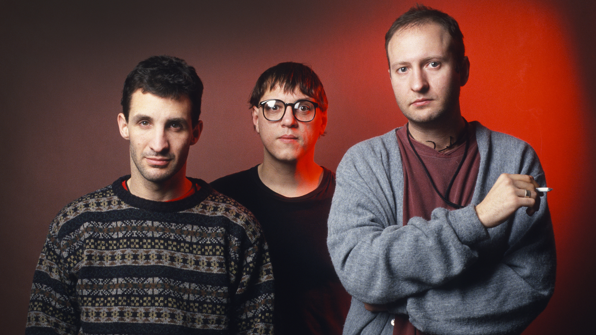 Studio portrait of Sugar, December 11, 1992. (from left) David Barbe, Malcolm Travis and Bob Mould