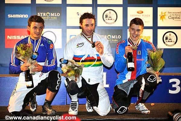 Elite men's four cross podium: Romain Saladini (France), Jared Graves (Australia), Jakub Riha (Czech Republic)