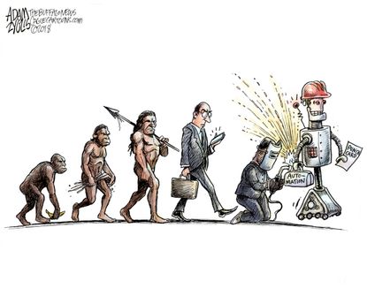 Editorial cartoon U.S. evolution of man automation artificial intelligence