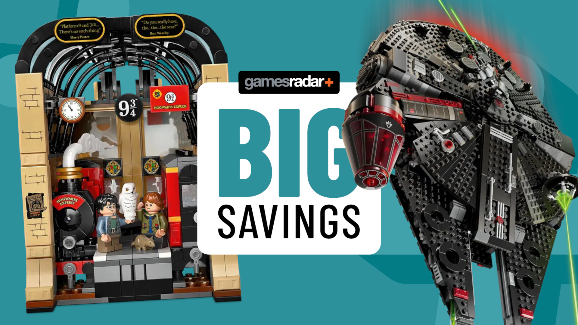 Hogwarts Express Book Nook and Dark Falcon sets on either side of a GamesRadar+ 'big savings' badge against an aqua background
