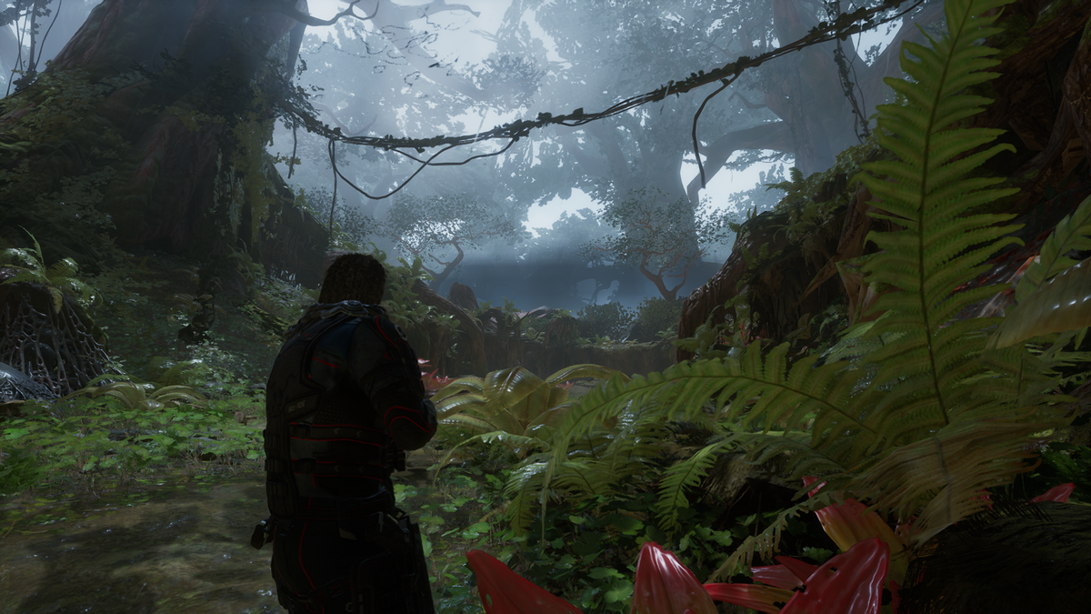Outriders DLSS comparison images in alien forest