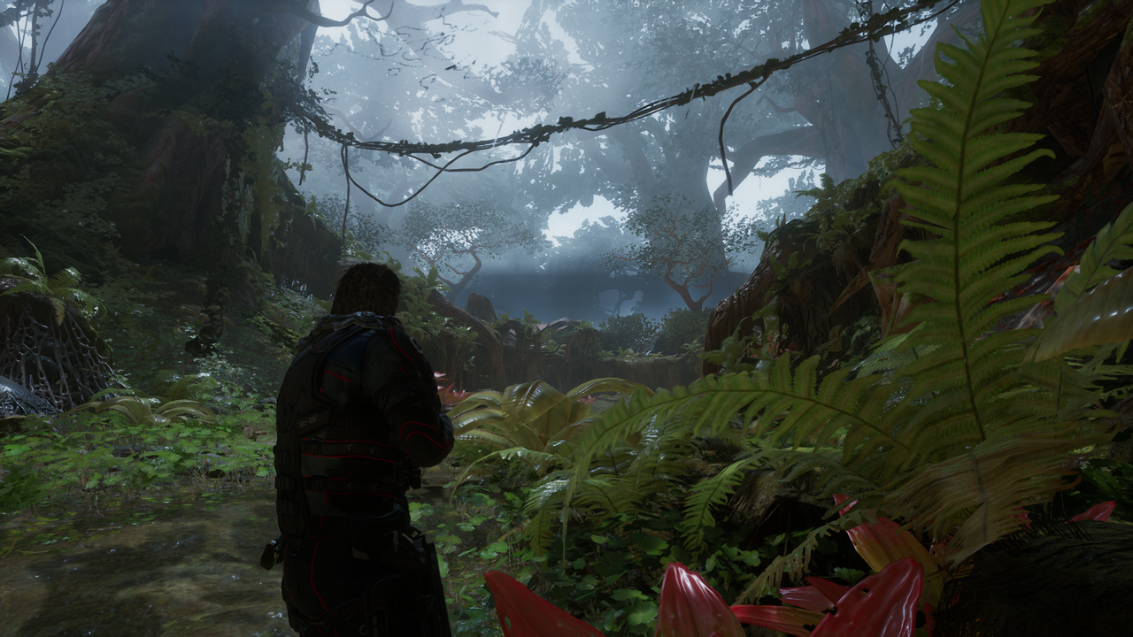 Outriders DLSS comparison images in alien forest
