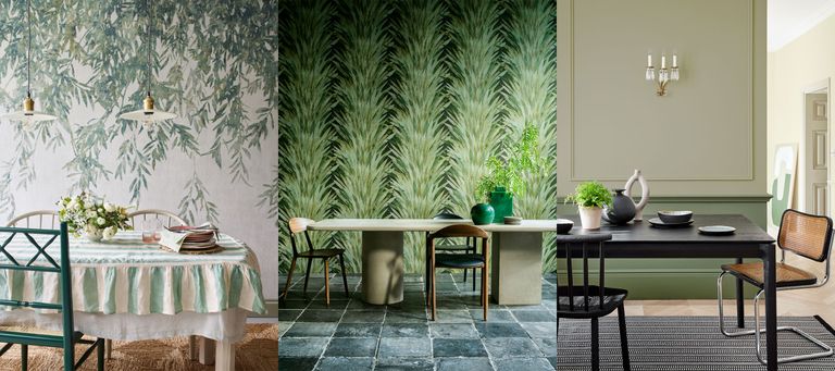 Three examples of green dining room ideas. Botanical mural and green striped tablecloth. Striking green leaf wallpaper. Two shades of green painted on walls.