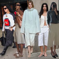 A collage of photos of models, influencers, and celebrities like Charli XCX and Hailey Bieber wearing the 2025 summer culottes trend.