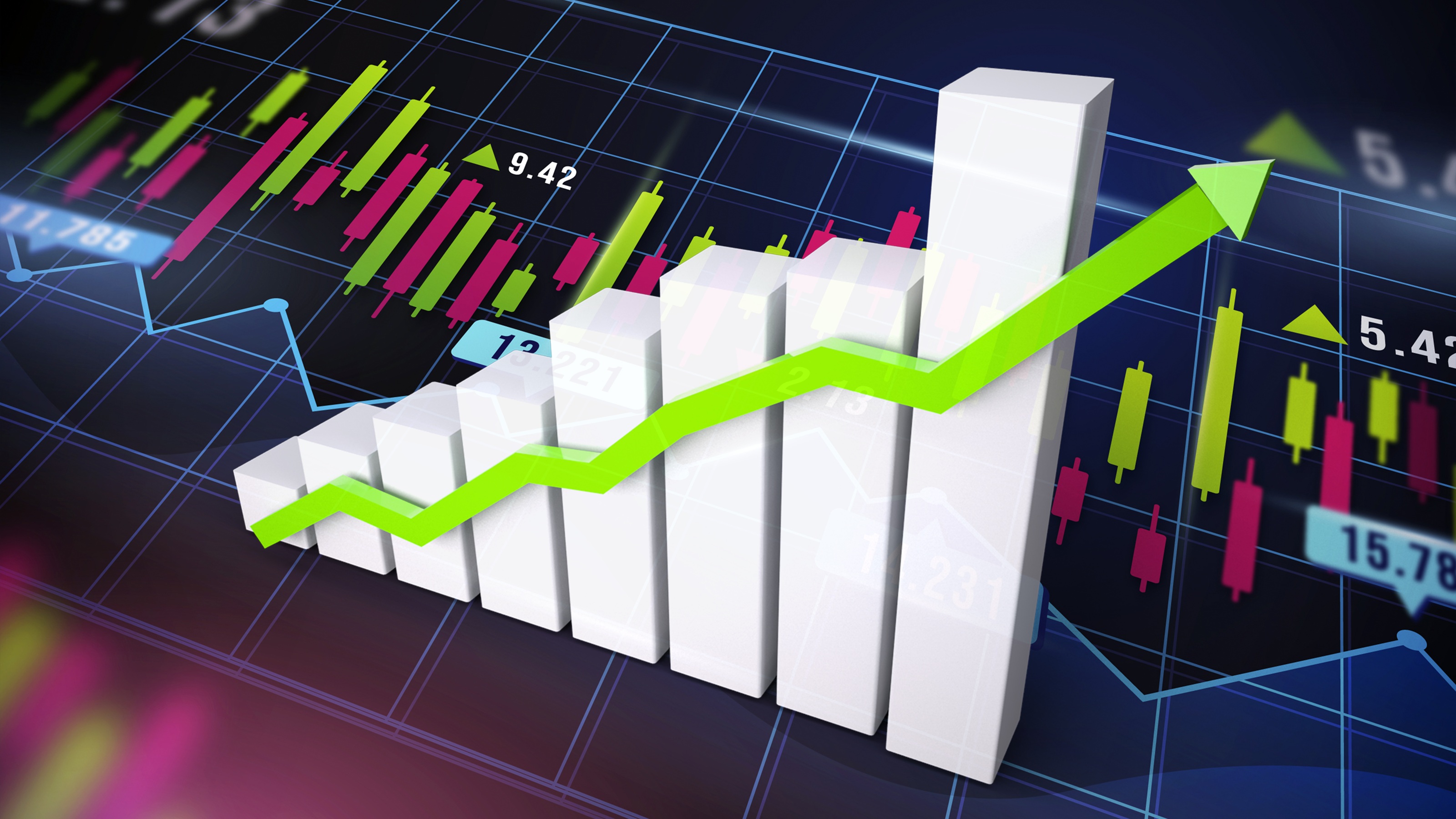 A bar graph tracking up against a digitized background.