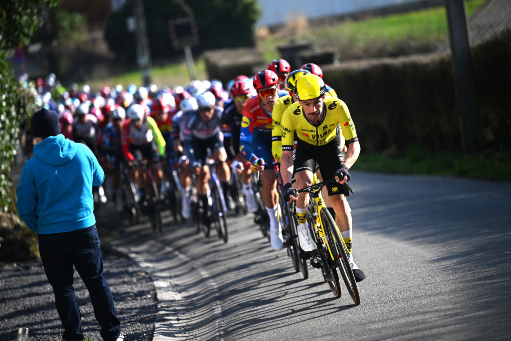 Victor Campenaerts pulling at the front of the peloton in the 2025 Kuurne-Brussels-Kuurne