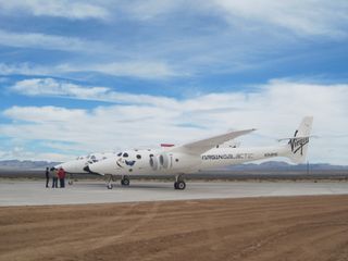 Virgin Galactic's SpaceShipTwo sits on the new runway at New Mexico's Spaceport America.