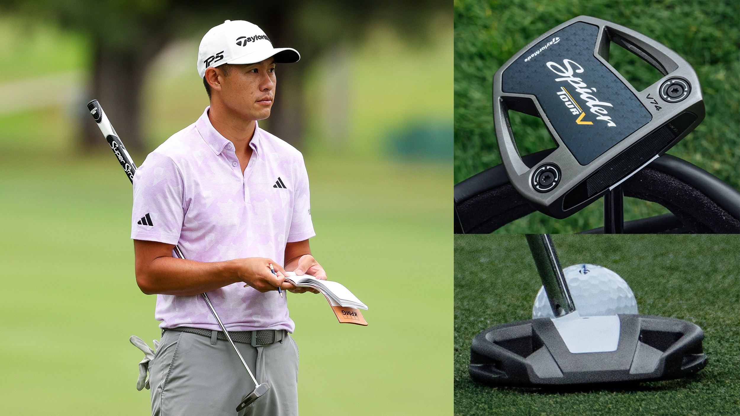 Collin Morikawa holding a putter under his arm and two close-ups of his new TaylorMade Spider V
