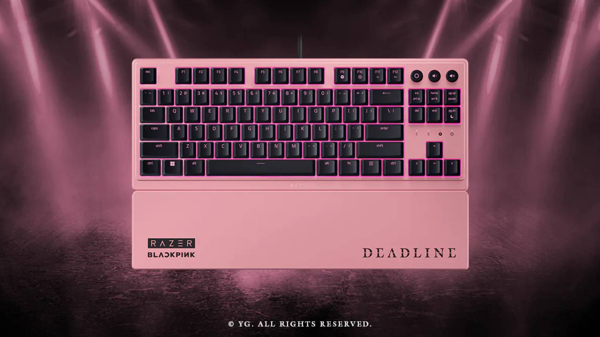 Image of the Razer Blackpink gaming keyboard with a black and pink background behind it.