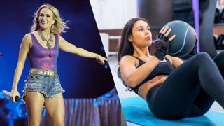 Carrie Underwood performing on stage and woman doing a medicine ball situp