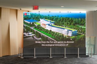 A display showing that sustainability is a primary focus at the new LG headquarters.