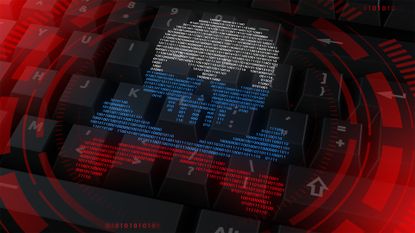 Russian hacker concept image showing a skulls and crossbones colored like the Russian Federation flag, made up of binary code, and imposed over a digital interface.